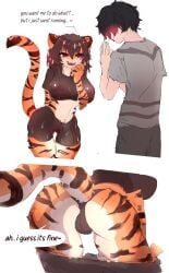 2023 absurd_res anthro ass bent_over big_breasts blush bodily_fluids bottomwear bottomwear_down breasts camel_toe clothed clothing duo english_text eyebrows felid female genitals hi_res human male male/female mammal pantherine partially_clothed portrait pussy raised_inner_eyebrows rear_view red_eyes sharp_teeth shorts shorts_down simple_background speech_bubble sweat taigazkr teeth text three-quarter_portrait tiger torao_(taigazkr) translucent translucent_clothing undressing wet wet_clothing white_background