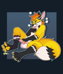 absurd_res alienpoosy anthro balls bodily_fluids genital_fluids genitals hi_res knot male male_focus male_only paws peeing relieved solo solo_focus solo_male substance_intoxication thunder_fox urinating urinating_male urination urine urine_stream watersports yellow_body