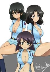 2d 3girls anime big_breasts brown_skin cleavage el_(girls_und_panzer) female girls_und_panzer huge_breasts latina looking_at_viewer teasing tristana_(girls_und_panzer) viridiana_(girls_und_panzer)