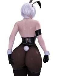 1girls ass big_ass breasts bubble_butt bunny_costume bunny_ears bunny_girl bunny_tail bunnysuit butt_grab dat_ass female female_focus female_only huge_ass light-skinned_female light_skin nier nier:_automata popogori queen_of_spades solo white_background white_hair yorha_2b