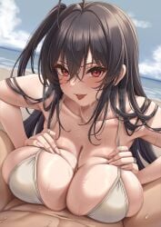 1boy ahoge azur_lane bare_shoulders beach bikini black_hair blue_sky blush breasts breasts_squeezed_together censored cg cleavage collarbone day female hair_between_eyes huge_breasts large_breasts long_hair looking_at_viewer mosaic_censoring ocean official_alternate_costume one_side_up outdoors paizuri penis pov red_eyes sky smile solo_focus straight sweat swimsuit taihou_(azur_lane) taihou_(seaside_daydreams)_(azur_lane) tongue tongue_out white_bikini