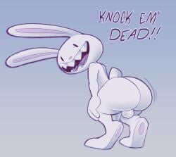 2024 anthro ass backsack balls bent_over big_butt english_description fawxythings genitals hand_on_knee hand_on_leg hi_res lagomorph leporid long_ears male male_only mammal max_(sam_and_max) open_mouth penis pink_nose rabbit rabbit_ears rear_view sam_and_max scut_tail shaking_butt sharp_teeth short_tail simple_background small_penis solo tail teeth