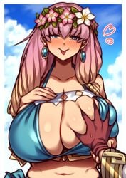 1girls :p absurd_res alternate_breast_size alternate_costume blue_bikini blue_eyes blue_swimsuit blush breast_grab breasts cleavage coffeelove68 earrings female female_focus female_only fire_emblem fire_emblem_heroes guided_breast_grab gunnthra_(fire_emblem) gunnthra_(summer)_(fire_emblem) hi_res kiran_(fire_emblem) large_breasts looking_at_viewer multicolored_hair nintendo official_alternate_costume pink_hair pov solo solo_focus tongue tongue_out