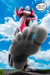 1girls 3d arcee barefoot english_text feet female female_only foot_fetish foot_focus giant_robot giantess jamesstormet machine machine_girl painted_toenails robot robot_girl soles solo speech_bubble transformer transformers