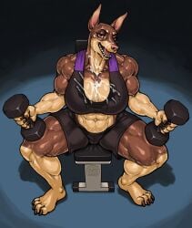 anthro big_breasts bodily_fluids bottomwear bra breasts canid canine canis clothing cum cum_on_breasts cum_on_face dobermann domestic_dog exercise female genital_fluids hi_res huge_breasts mammal pinscher ser_halo shorts solo sports_bra tracy_porter underwear weightlifting weights workout