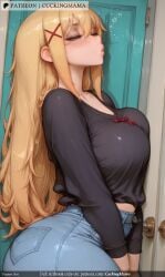 ai_generated ass blonde_hair blue_eyes blush breasts cuckingmama darkness_ denim denim_shorts female from_side hair_ornament hairclip jeans large_breasts long_hair long_sleeves pants sidelocks solo tagme x_hair_ornament