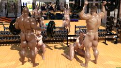 2021 2boys 2girls 3d abs balls black_hair blonde_hair breasts english_text extreme_muscles fellatio female group group_sex gym huge_breasts indoors kneeling male mirror multiple_boys multiple_girls multitasking muscles muscular muscular_female muscular_male nude nude_female on_knees oral orgy penis pubic_hair reflection seppukusammy slushe_(website) straight weightlifting