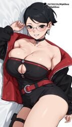 1girls ai_generated bare_shoulders belt black_choker black_eyes black_hair black_jacket black_shorts blush boruto:_naruto_next_generations boruto:_two_blue_vortex breasts choker cleavage collarbone earrings glasses grin huge_breasts jacket jewelry large_breasts long_sleeves looking_at_viewer lying mole mole_on_breast mykibuu naruto naruto_(series) on_side open_clothes open_jacket red_belt sarada_uchiha short_hair short_shorts shorts smile solo strapless thigh_strap thighs underboob_cutout