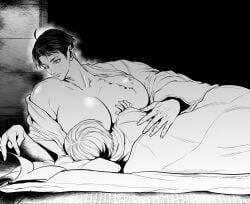 1boy 1girls 2d adoptive_mother big_breasts breast_sucking breastfeeding breasts cleavage facial_scar female female_focus gegege_no_kitarou genderswap_(mtf) huge_breasts in_bed kimono kitarou kitarou_tanjou_gegege_no_nazo male mature mature_female milf mizuki_(gegege_no_kitarou) monochrome on_bed on_side reading rule_63 scar scar_on_face scars short_hair tamutamuzutemu very_short_hair