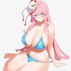 1girls bikini bikini_bottom bikini_top blush breasts female hata_no_kokoro highres huge_breasts long_hair mask moriforest1040 pink_eyes pink_hair simple_background solo touhou
