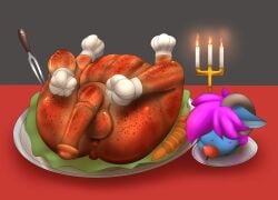 anthro anus apple balls big_balls blue_body brown_horn candle carrot cooking_with_furs death equid equine equine_penis fire food food_gag fruit furniture gag genitals hair hi_res horn horse horsecock inside lava_chicken male male_death mammal plant plate platter pony purple_hair solo table vegetable waynekan wtf