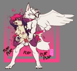 1_wing 2023 4_toes 5_fingers absurd_res anthro anthro_on_anthro anthro_penetrated anthro_penetrating anthro_penetrating_anthro areola armpit_hair ball_tuft balls black_nose blue_eyes bodily_fluids body_hair breasts canid canine canis chest_tuft claws derpyfox_36 digital_drawing_(artwork) digital_media_(artwork) drooling duo ear_piercing eyebrows feet female female_penetrated fingers from_behind_position fur genitals hair hi_res knot knotted_penis male male/female male_penetrating male_penetrating_female mammal medium_breasts motion_lines multicolored_body multicolored_fur navel nipples nude nude_female nude_male onomatopoeia open_mouth penetration penile penile_penetration penis piercing pink_hair pink_inner_ear plap pussy red_eyes saliva sex sound_effects standing standing_sex tail tani_(xavier_landrau) teeth text toe_claws toes tuft vaginal_penetration vaginal_penetration white_balls white_body white_ears white_fur white_hair white_tail white_wings wings wolf xavier_landrau