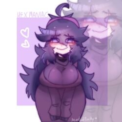 bandana blush gloves heart_symbol hex_maniac huge_ass huge_breasts long_dress love pokemon purple_background purple_eyes purple_hair scentedpocky thick_thighs thighs