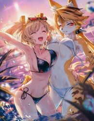 2girls ai_generated armpit bikini burnice_white closed_eyes happy_females one_arm_up pulchra_(zenless_zone_zero) raaicave sky_background sunset yuri zenless_zone_zero