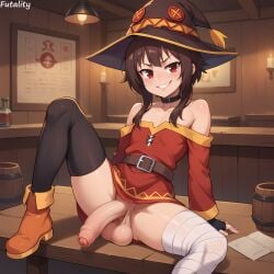 1futa 1futanari ai_generated balls bandages bangs brown_hair covered_breasts dickgirl exposed_penis fingerless_gloves flat_chest foreskin futality futanari gloves grin hat indoors kono_subarashii_sekai_ni_shukufuku_wo! large_balls large_cock large_penis large_testicles lips looking_at_viewer mage_hat megumin off_shoulder_dress red_dress red_eyes sagging_balls sitting small_breasts smirk smug solo spread_legs tavern teeth thighhighs veiny_penis witch_hat