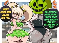 alternate_version_available bottom_heavy brat crossover danganronpa danganronpa_2:_goodbye_despair dialogue female_only lewdscrap looking_back mask oosuzuki_kurara saionji_hiyoko shortstack small_breasts speech_bubble swimsuit the_hundred_line_-last_defense_academy- tomato_mask twintails