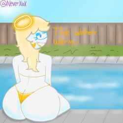 2025 2d 2d_(artwork) 2d_artwork angel angel_girl angie_(xxxloxy) artist_logo artist_name big_breasts blonde_hair glowing_eyes glowing_halo halo light-skinned_female original original_character pool poolside thick_thighs thong white_body white_eyes xxxloxy_(artist) yellow_hair