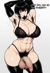 1futa abs ai_generated arm_gloves armpits arms_up balls big_balls big_penis black black_condom black_eyes black_hair bra cloud condom condom_in_mouth dialogue futa_only futanari hairy_armpits hairy_balls inviting latex lingerie maos muscular panties plain_background pubic_hair short_hair six_pack steam tall_futa tomboy