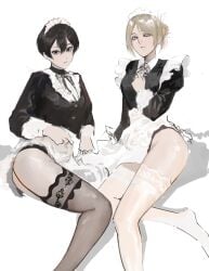 2girls annie_leonhardt attack_on_titan black_hair blonde_female blonde_hair blonde_hair dark_hair female female_only linkim maid maid_headdress maid_outfit maid_uniform mikasa_ackerman shingeki_no_kyojin thick thick_thighs thigh_highs thighhighs thighs