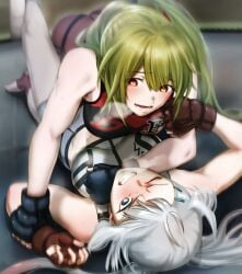 2d 2girls aoba_(smartbeat) breath catfight character_request fate/grand_order fate_(series) femdom heart heart-shaped_pupils highres lezdom morgan_le_fay_(fate) multiple_girls smile symbol-shaped_pupils tagme wrestling wrestling_ring