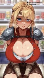 1girls ai_generated arm_wrap armor astrid_hofferson bandaged_arm bandages blonde_hair blue_bra blue_eyes blurry blurry_background blush bra bra_peek braid breasts brown_skirt bursting_breasts button_gap cleavage collarbone crown_braid dreamworks gloves headband how_to_train_your_dragon huge_breasts indoors lips long_hair looking_at_viewer miniskirt mykibuu parted_lips partially_unbuttoned pauldrons shoulder_armor single_pauldron sitting skirt solo sweat thighs underwear
