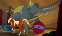 2022 ambiguous_gender arf-fra ball blonde_hair brown_body disney dreamworks dumbo duo elephant elephantid equid equine feral frown hair hooves horse inside mammal multicolored_body proboscidean quadruped rain_(cimarron) spanking spirit:_stallion_of_the_cimarron standing tent two_tone_body