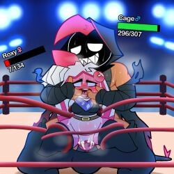 beaten_up blush bodily_fluids bondage bondage bottomless bottomless_female bound cage_(royalchomper) cape clothed clothing competition cum cum_in_pussy cum_inside defeat_sex duo female fighting_ring forced gameplay_mechanics generation_5_pokemon generation_9_pokemon genital_fluids gui hand_in_mouth health_bar hood_up male male/female nintendo penetration pokemon pokemon_(species) rape roxy_(chikidoodlez) scrafty sex sexual_competition sexual_fight size_difference smaller_female softestpuffss sweat tinkaton vaginal_penetration vaginal_penetration