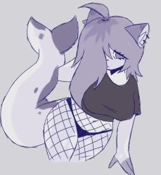 big_breasts black_panties breasts cat_ears fishnets gray_eyes gray_hair hair_over_one_eye long_hair oc scentedpocky shark shark_girl shark_tail shy thick_thighs thighs