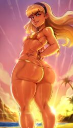 2025 beach big_ass big_butt bikini blonde_hair bracelet bubble_ass bubble_butt child_(dc) dc dc_comics dcau edit edited female female_only flowing_hair golden_bikini golden_week hairband hand_on_hip hi_res highres long_hair looking_at_viewer lord_of_chaos red_eyes reliusmax see-through side_view sideboob small_breasts smirking smug smug_face solo solo_female solo_focus sunset thong wet young_justice