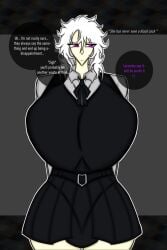 alternate_version_at_source alternate_version_available bored bored_expression breasts chainsaw_man clothing dialogue english_text fami_(chainsaw_man) female flirting fully_clothed huge_breasts huge_thighs purple_eyes school_uniform simple_background talking_to_another uninterested w1nter_(artist) white_hair white_skin