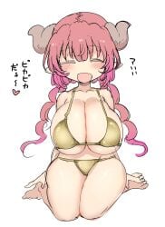 1girls big_breasts bikini bikini_bottom bikini_top blush blush blush_lines blushing_female breasts breasts_bigger_than_head cleavage closed_eyes cool-kyou_shinja curvy curvy_body curvy_female curvy_figure cute cute_face cute_girl dragon dragon_girl dragon_horns dragon_humanoid female female female_focus female_humanoid female_only girl gold_bikini golden_week golden_week_bikini hair happy happy_female heart hi_res high_resolution highres horn horned_female horned_humanoid horns hourglass_figure huge_breasts ilulu ilulu_(dragon_maid) ilulu_(maidragon) ilulu_(miss_kobayashi's_dragon_maid) japanese japanese_dialogue japanese_text kobayashi-san_chi_no_maidragon large_breasts light-skinned_female light_skin light_skinned long_hair miss_kobayashi's_dragon_maid no_humans official_art on_knees open_mouth open_mouth_smile pink_hair pointy_ears purple_highlights short_stack shortstack simple_background sketch small_but_busty smile smiling solo solo_female solo_focus swimsuit text thick_thighs thighs thighs_together twin_braids twintails voluptuous voluptuous_female white_background wide_hips