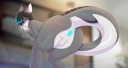 absurd_res android anthro anus ass balls black_hair blue_anus blue_eyes cybernetics cyborg femboy fish genitals gesture grey_body hair hand_gesture heart_symbol hi_res machine male marine markings mishark nude presenting robot robot_anthro shark shudayuda smile smiling_at_viewer solo tail v_sign