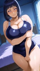 ai_generated bedroom big_ass big_breasts boruto:_naruto_next_generations breasts closed_mouth covering_privates covering_self female huge_ass huge_breasts hyuuga_hinata jorai123 light-skinned_female mature mature_female mature_figure milf naruto_(series) nervous nervous_expression school_swimsuit short_hair solo solo_focus standing swimsuit white_skin