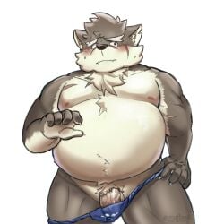 1boy animal_ears artist_name bara bare_pectorals belly biceps blue_fundoshi blush brown_fur claws dog_boy dog_ears dog_nose english_commentary fat flaccid furrowed_brow furry furry_male hand_on_own_hip highres looking_to_the_side male_focus male_underwear male_underwear_pull malliseed moritaka_(housamo) navel nipples open_mouth pectorals penis penis_peek plump precum precum_through_clothes scar scar_across_eyebrow scar_on_cheek scar_on_chest scar_on_face scar_on_nose sweatdrop tokyo_afterschool_summoners topless_male twitter_username underwear white_background