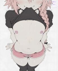 1boy ai_assisted astolfo_(fate) astolfo_(fate/apocrypha) astolfo_(saber)_(fate) bandaid bandaids_on_nipples black_shirt black_thighhighs blush bow braid closed_mouth clothes_in_mouth clothes_lift dolphin_shorts english_text fate/apocrypha fate/grand_order fate_(series) feminine_male hair_ribbon head_out_of_frame lifted_by_self long_braid long_hair male male_focus mouth_hold multicolored_hair navel oerba_yun_fang official_alternate_costume otoko_no_ko pasties pink_hair ribbon shirt shirt_in_mouth shirt_lift short_shorts short_sleeves shorts simple_background single_braid skin_fang smile solo sondu speech_bubble streaked_hair thighhighs trap trembling twink white_background