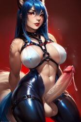 1futa ai_generated blue_hair blue_lipstick bodysuit bondage fox_ears fox_tail freckles futanari futanari glare harness hyper_penis large_breasts large_penis long_hair looking_at_viewer nipples precum red_eyes solo_futa straight_hair thick_ass thick_legs thick_penis thick_thighs throbbing_penis tight_clothing veiny_penis white_clothing