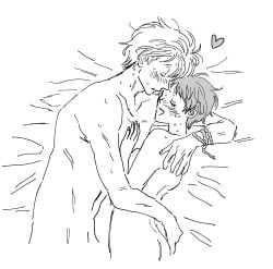 1boy 1girls after_sex blush bracelet canon_couple completely_nude embrace female gegege_no_kitarou hug husband_and_wife iwako_(gegege_no_kitarou) kitarou_tanjou_gegege_no_nazo male married_couple medama_oyaji_(human) monochrome no_visible_genitalia nude on_bed on_side short_hair smile sweat very_short_hair wholesome