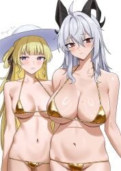 2girls absurdres alternate_costume bare_shoulders bikini black_bow black_horns blonde_hair blush bow boyin breasts closed_mouth collarbone curled_horns gold_bikini grey_hair groin hair_between_eyes hairbow hat highres horns large_breasts long_hair looking_at_viewer multiple_girls navel parted_lips phoebe_(wuthering_waves) purple_eyes red_eyes simple_background stomach swimsuit white_background white_hat wuthering_waves zani_(wuthering_waves)