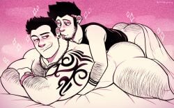 bara big_ass blush bubble_butt couple couple_(romantic) gay hairy_male licking_neck michopanq muscular_male older_sub_younger_dom on_bed on_top_of_another original_characters skinny_male small_dom_big_sub tattooed_arm tongue_out younger_dom_older_sub