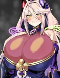 angry blush clenched_teeth duel_masters duel_masters_play's embarrassed fully_clothed gigantic_breasts hyper_breasts nero_gryphis_(duel_masters_plays) steam sweat sweaty upper_body
