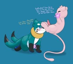 2_tails all_fours aroused aroused_face aroused_smile blush buizel chastity_device dominant dominant_male duo escapeinfin8ty feet feral flying foot_fetish generation_1_pokemon generation_4_pokemon hi_res humiliation kneeling kneeling_on_ground legendary_pokemon male male/male mammal mew_(pokemon) mokata_(buizel) multi_tail mustelid nintendo nub_chastity_cage otter pawpads paws permanent_chastity_device pokemon pokemon_(species) soles submissive submissive_male tail teasing teasing_with_feet worship