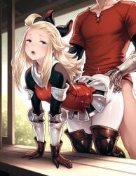 1girl ahoge ai_generated armored_skirt black black_sleeves blonde_hair blue_eyes bow breasts brown_gloves edea_lee female gauntlet hair_bow red_shirt small_breasts thick_thighs thigh_boots white_collar white_cuffs white_leggings wide_hips
