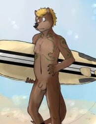 arm_tattoo beach black_nose blonde_hair brown_body brown_eyes brown_fur casual_nudity chest_tattoo fur green_tattoo hair lens_flare looking_away male mammal mustelid nipples nude otter outside p_rindustries sea solo standing surfboard tattoo water