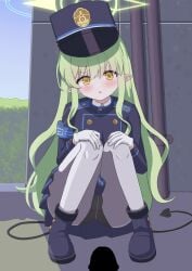 1boy :o absurdres armband ass black_panties black_tail blank_censor blue_archive blue_armband blue_boots blue_hat blue_jacket blue_skirt blush boots buttoned_cuffs buttons censored collared_shirt commentary crotch_seam day demon_tail dot_nose double-breasted fat_mons female full_body gloves green_hair green_halo halo hands_on_own_knees hat head_tilt highres hikari_(blue_archive) industrial_pipe jacket knees_together_feet_apart knees_up long_hair long_sidelocks long_sleeves looking_at_viewer miniskirt oerba_yun_fang on_ground outdoors panties panties_under_pantyhose pantyhose pantyshot parted_lips peaked_cap penis pleated_skirt pointy_ears pov shirt short_eyebrows sidelocks sitting skin_fang skirt solo_focus straight-on tail underwear uro_kohara v-shaped_eyebrows very_long_hair wavy_hair wavy_sidelocks white_gloves white_pantyhose white_shirt yellow_eyes young