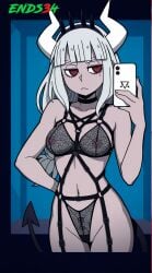 2025 demon_girl ends34 female female_only helltaker long_hair lucifer_(helltaker) panties red_eyes selfie tail white_hair
