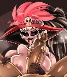 balls big_breasts big_penis bitterrbunz black_eyes blush bodily_fluids breasts clothing cum demon demon_humanoid duo empty_eyes erection faceless_character faceless_male fangs female first_person_view genital_fluids genitals grey_body hair hat hazbin_hotel headgear headwear hi_res human humanoid male male/female male_pov mammal nude open_mouth open_smile penis rosie_(hazbin_hotel) scar smile teeth thick_thighs tongue tongue_out white_hair
