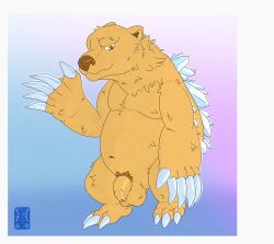 2025 5_fingers absurd_res anthro balls belly claw_(weapon) claws colored fantasy_creature fingers flaccid fluffy foreskin full-length_portrait fur garo_(artist) gemstones genitals gesture hi_res humanoid_genitalia inner_ear_fluff line_art long_claws looking_at_viewer male melee_weapon molebear monster monster_sanctuary navel nude pecs penis portrait pubes simple_background smile snout solo standing tuft waving waving_at_viewer weapon yellow_body yellow_fur