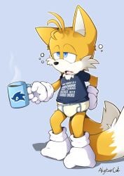 1boy alystaircat anthro blue_eyes briefs bulge canine cheek_tuft chest_fur chest_tuft coffee coffee_mug cub footwear fox fur gloves handwear male male_only morning open_mouth shirt sleepy socks solo sonic_(series) sonic_the_hedgehog_(series) steam t-shirt tails tails_the_fox text tighty_whities tired tired_eyes underwear white_footwear white_fur white_gloves white_handwear white_socks white_underwear yellow_body yellow_fur young