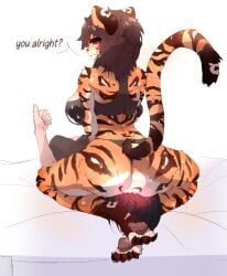 2023 anthro ass big_breasts blush bodily_fluids breasts duo english_text facesitting felid female female_facesitting_male hi_res human human_on_anthro interspecies male male/female mammal pantherine simple_background sitting_on_another speech_bubble sweat taigazkr text tiger torao_(taigazkr) white_background