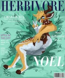 absurd_res anthro antlers arm_tuft ass balls balls_outline barcode bedroom_eyes big_butt big_penis blue_eyes brown_body brown_fur bulge cheek_tuft cover deer detailed_bulge elbow_tuft eyebrows facial_tuft femboy fluffy fluffy_chest fluffy_ears fluffy_hair fluffy_tail fur genital_outline genitals gesture grass grass_field hair hand_gesture hand_on_butt hi_res hooves horn looking_at_viewer looking_back looking_back_at_viewer magazine magazine_cover male mammal markings modelling narrowed_eyes neck_tuft nipples nub_tail penis plant scut_tail seductive shibatoast short_tail skinny slim slim_male small_waist smug smug_expression smug_eyes smug_face smug_grin solo spots spotted_markings submissive submissive_male tail thick_eyebrows thick_tail thick_thighs tuft v_sign wide_hips